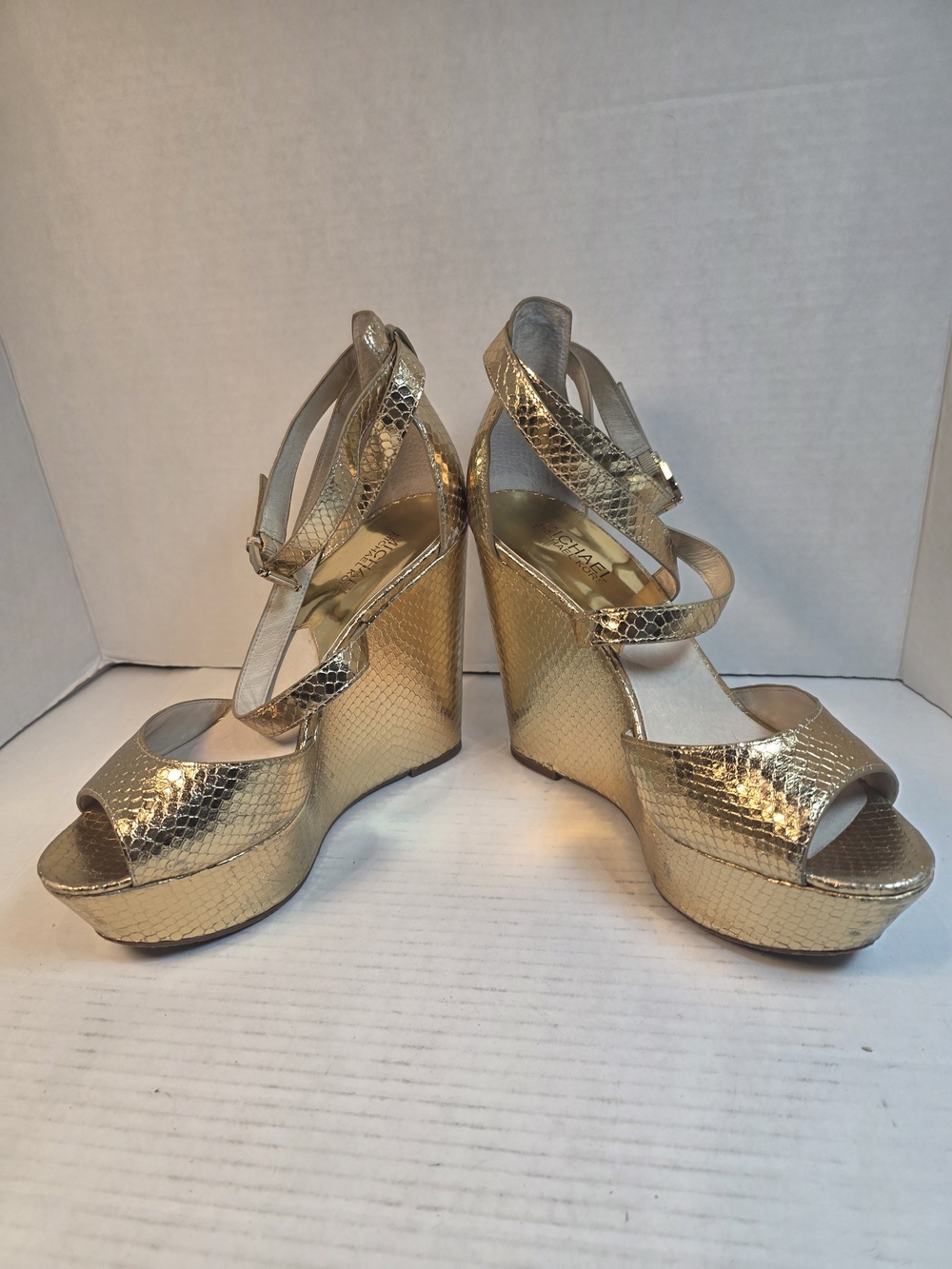 Michael Kors Gold Metallic Snakeskin-Print Wedge Sandals